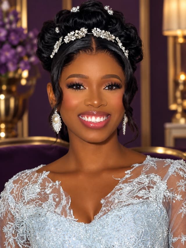 Bride with a pearl tiara updo and beaded gown