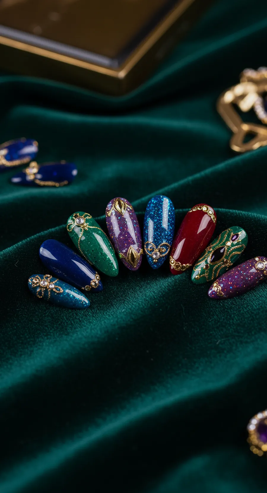 Jewelled press-on nails on green velvet
