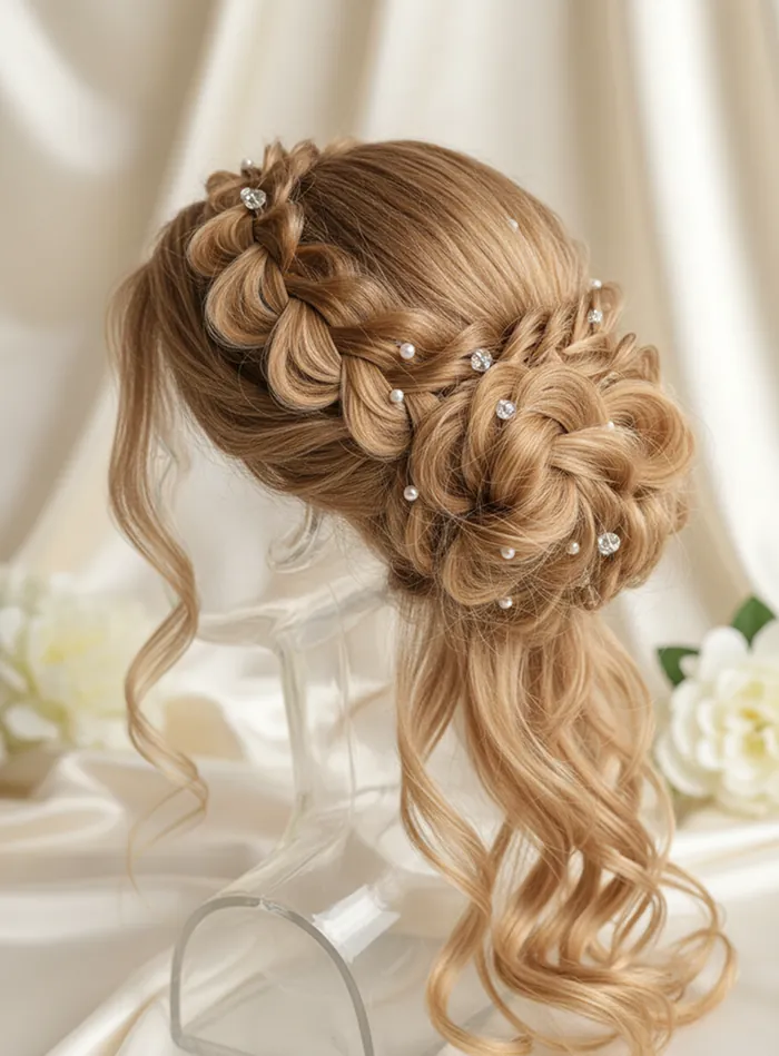 Pinned bridal updo with pearl pins