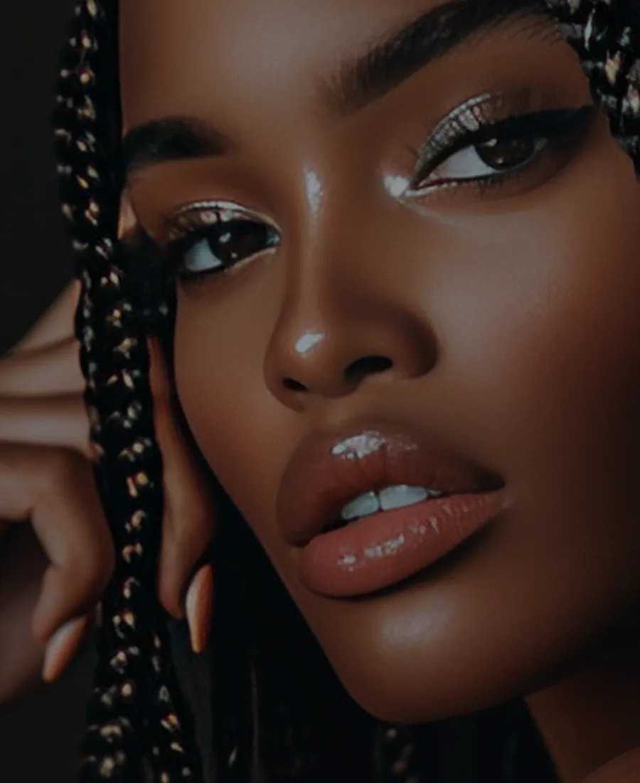 Woman with long braids and glossy makeup
