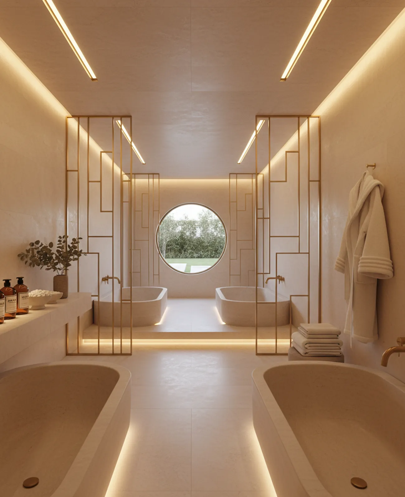 Warmly lit spa suite with twin basins